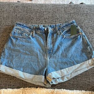 Blue High-Waisted Jean Shorts with Rolled Cuffs